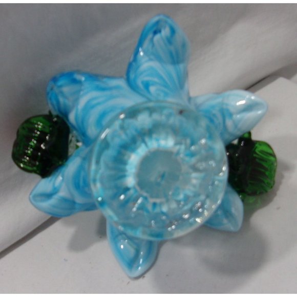 Glass Turquoise Blue Basket w/ Handle and Applied Red Roses 4 3/4" - Picture 7 of 10